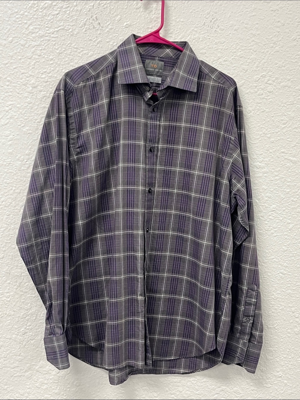 Thomas Dean Men's Gray and Purple Plaid Long-Sleeve Shirt. #1266